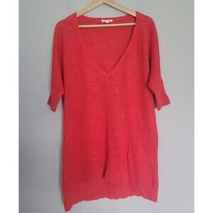 Eileen Fisher Sweater Womens M Linen Cotton V Neck Pullover Coral Red